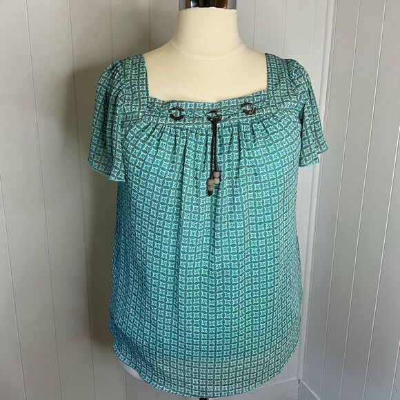 Roz & Ali Womens Plus Size 1X Top Green Black Geometric Print Square Neck Lined - Picture 1 of 14